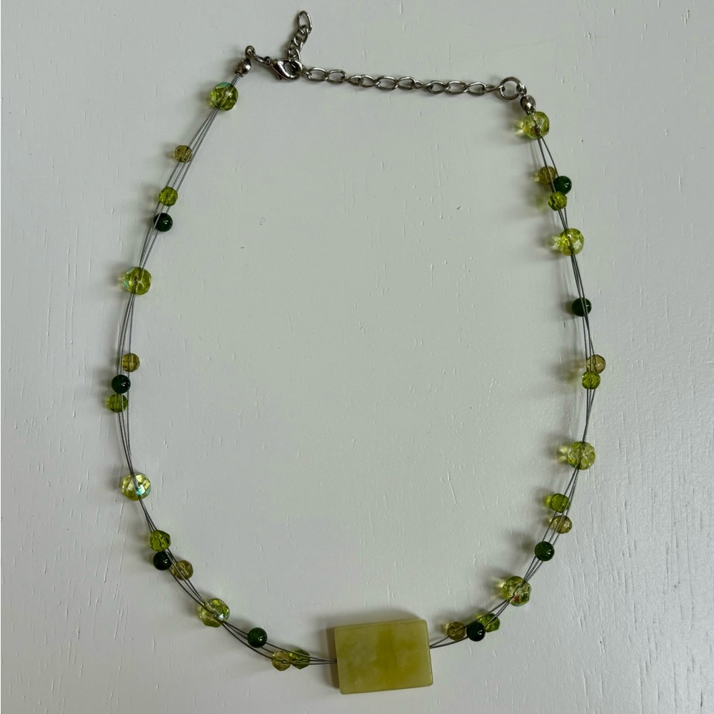 Trisha Waldron Muted Green 3 Strand Beaded Pendant Necklace